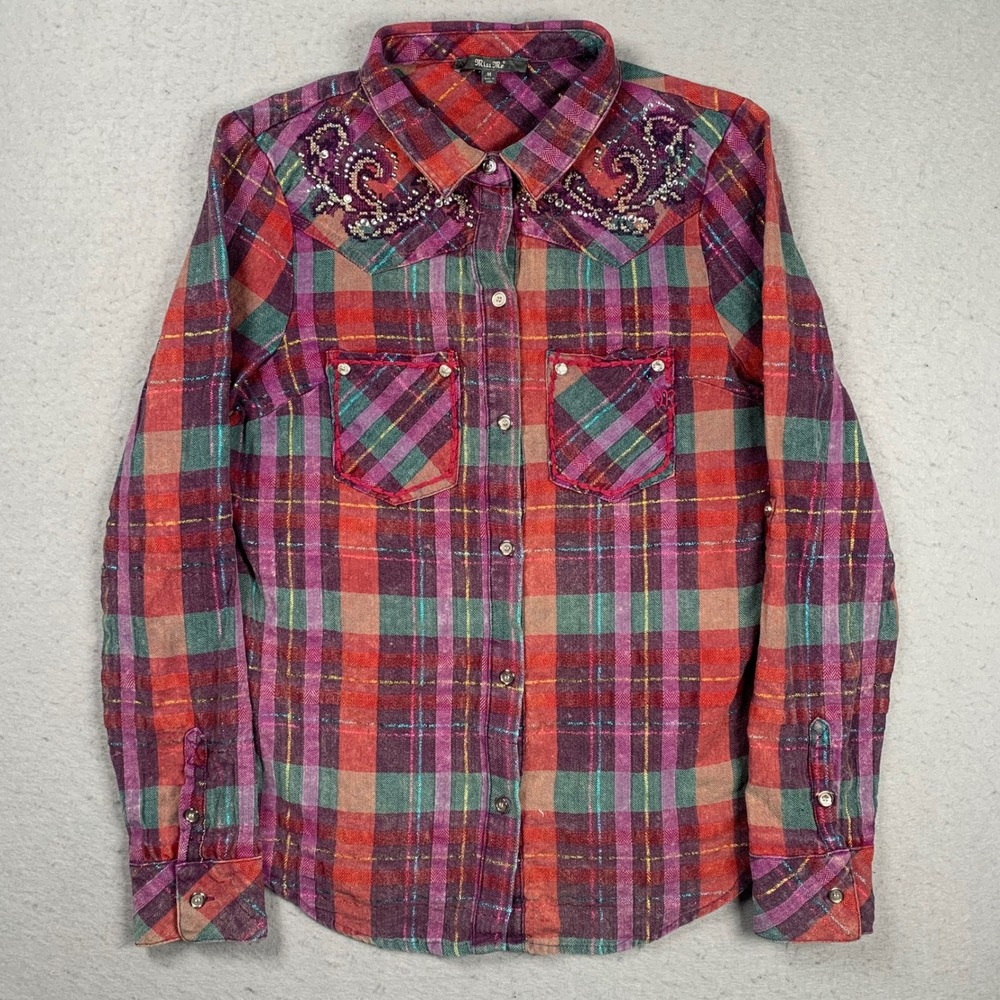 Miss Me Shirt Womens Medium Plaid Button Down Lurex Embellished Western